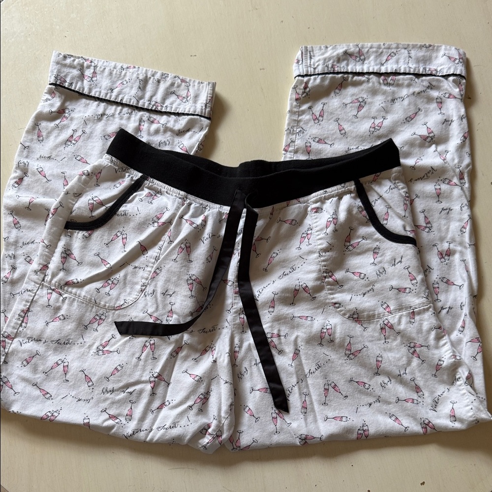 * Victoria's Secret White Pink Champagne Print Pajama Pants with Black Trim - lg